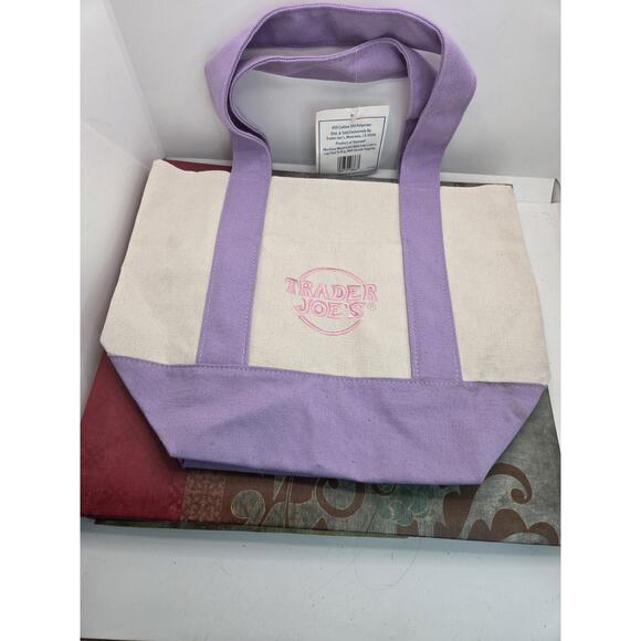 Trader Joes Small Canvas Tote Bag Mini Pastel Lavender Purple New Outside Pocket - Picture 1 of 6